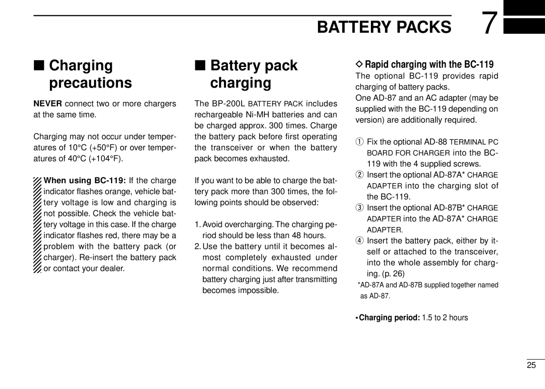 Icom IC-A5 instruction manual Battery Packs, Charging precautions, Battery pack charging, Rapid charging with the BC-119 