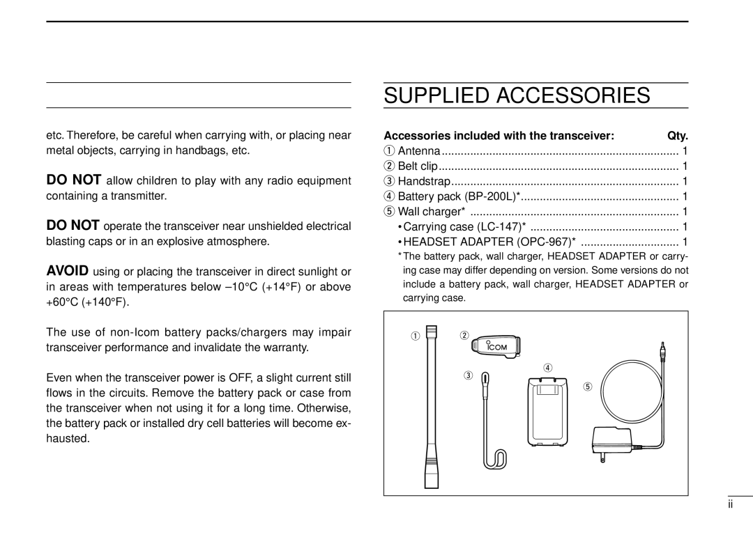 Icom IC-A5 instruction manual Supplied Accessories, Accessories included with the transceiver Qty 