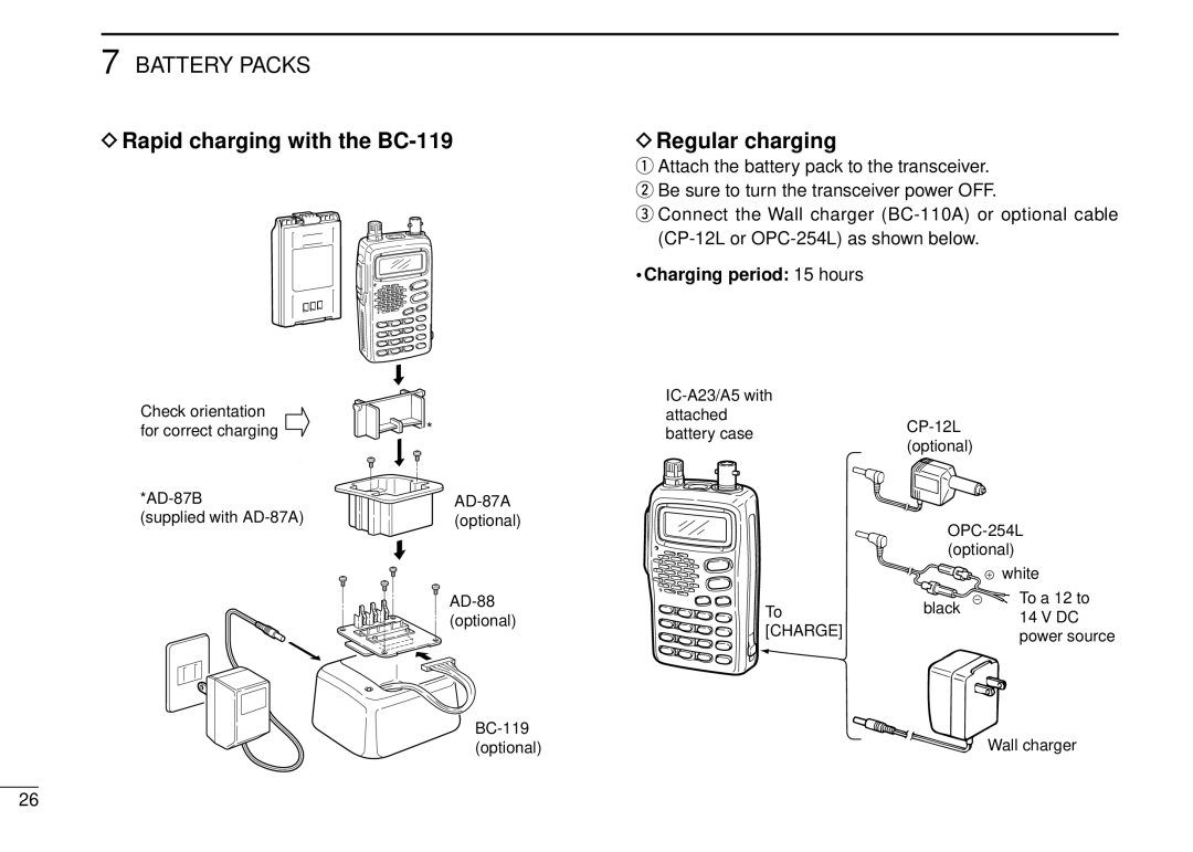 Icom IC-A5 instruction manual Rapid charging with the BC-119 Regular charging, Charging period 15 hours 