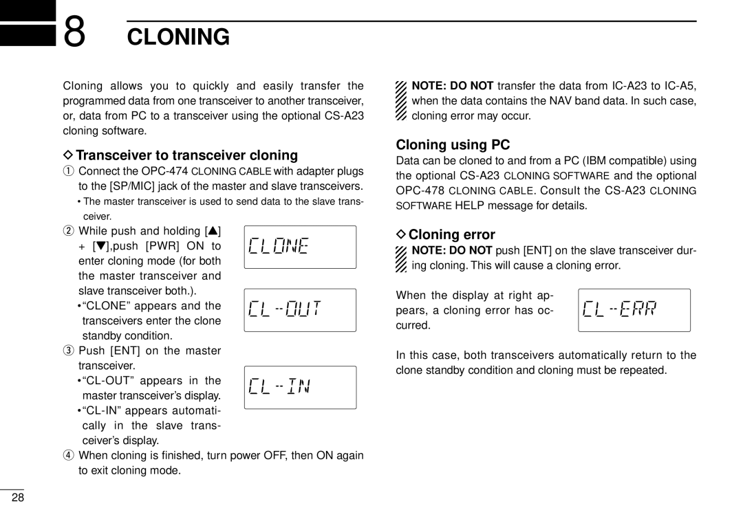 Icom IC-A5 instruction manual Transceiver to transceiver cloning, Cloning using PC, Cloning error 