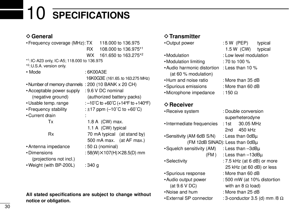 Icom IC-A5 instruction manual Specifications, DGeneral, DTransmitter, DReceiver 