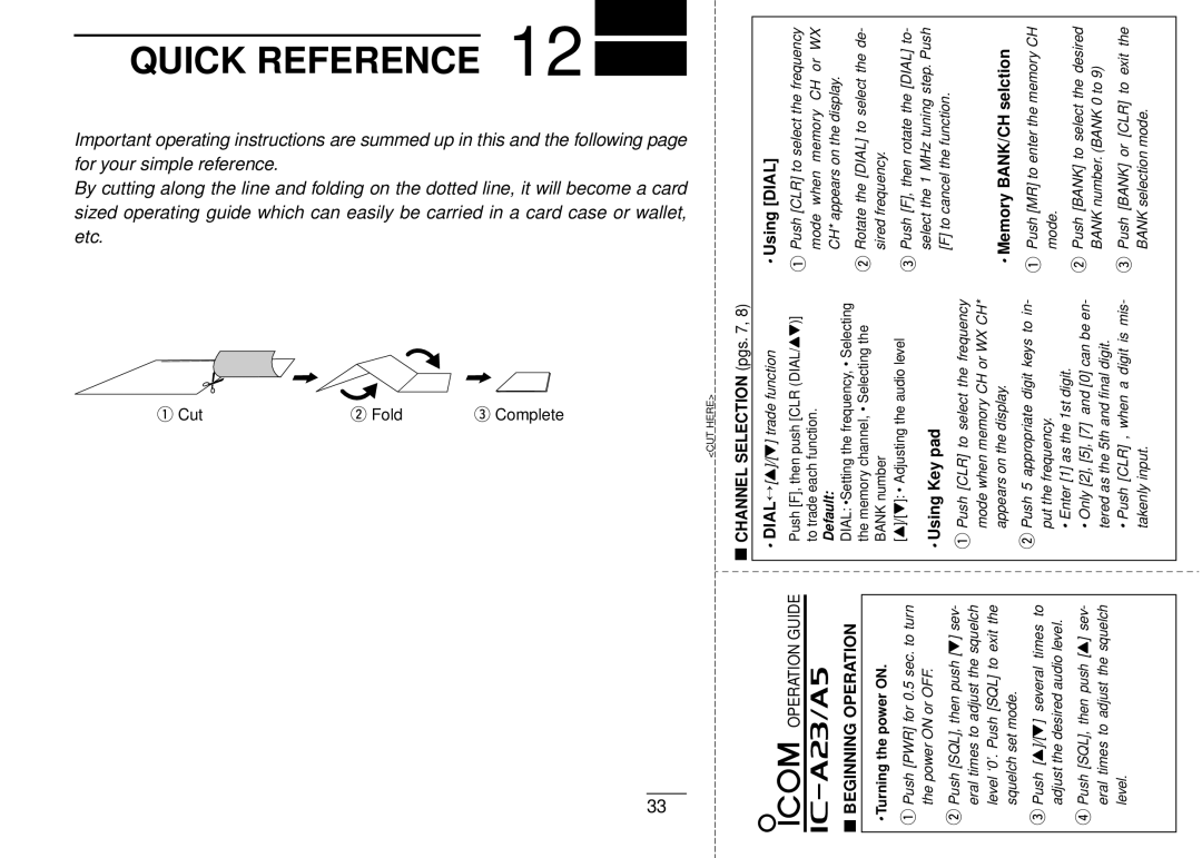 Icom IC-A5 instruction manual Quick Reference 