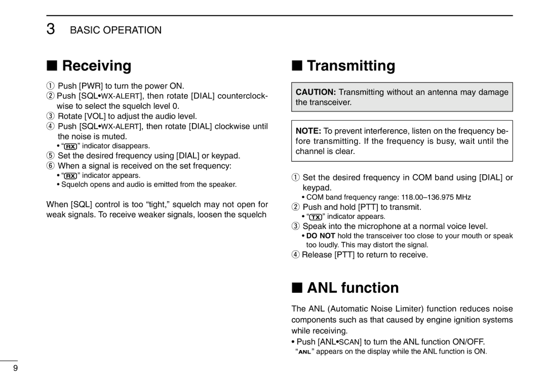 Icom IC-A6 instruction manual Receiving, Transmitting, ANL function 