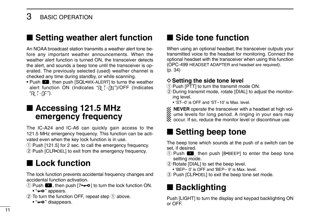 Icom IC-A6 Setting weather alert function, Accessing 121.5 MHz emergency frequency, Lock function, Side tone function 