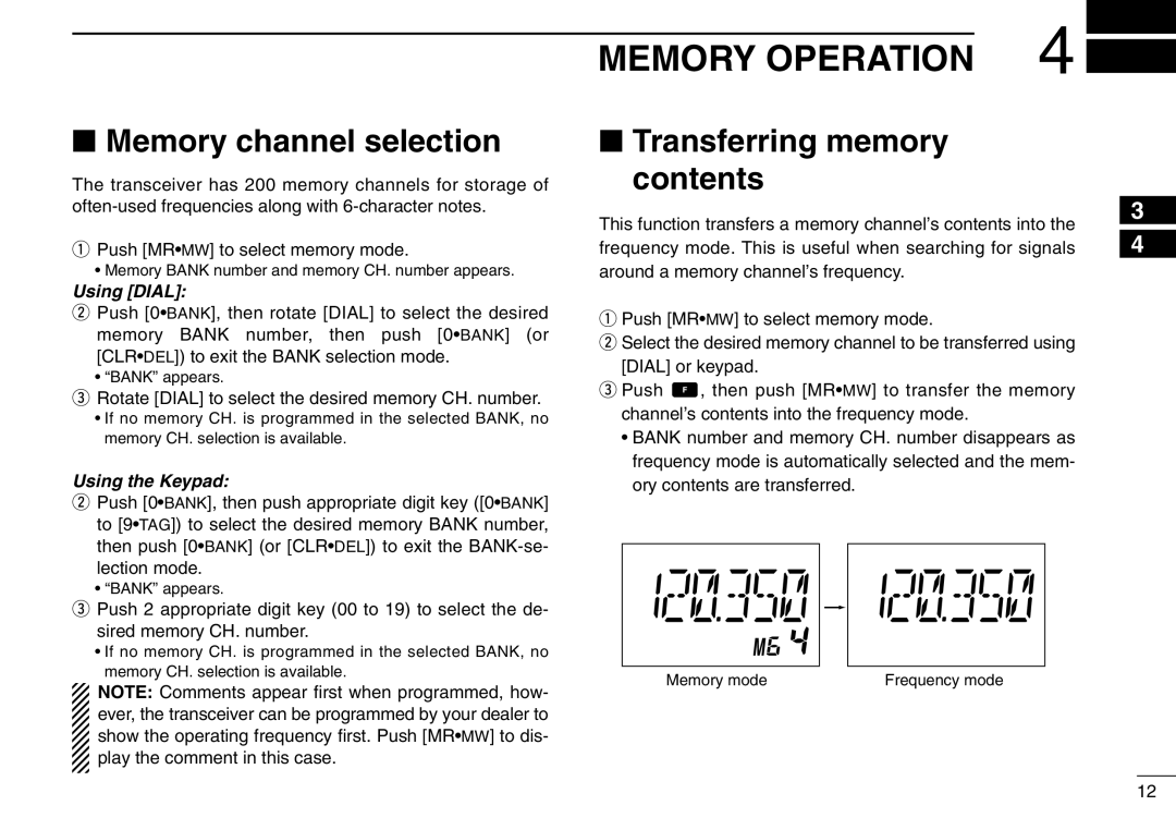 Icom IC-A6 instruction manual Memory Operation, Memory channel selection, Transferring memory contents 