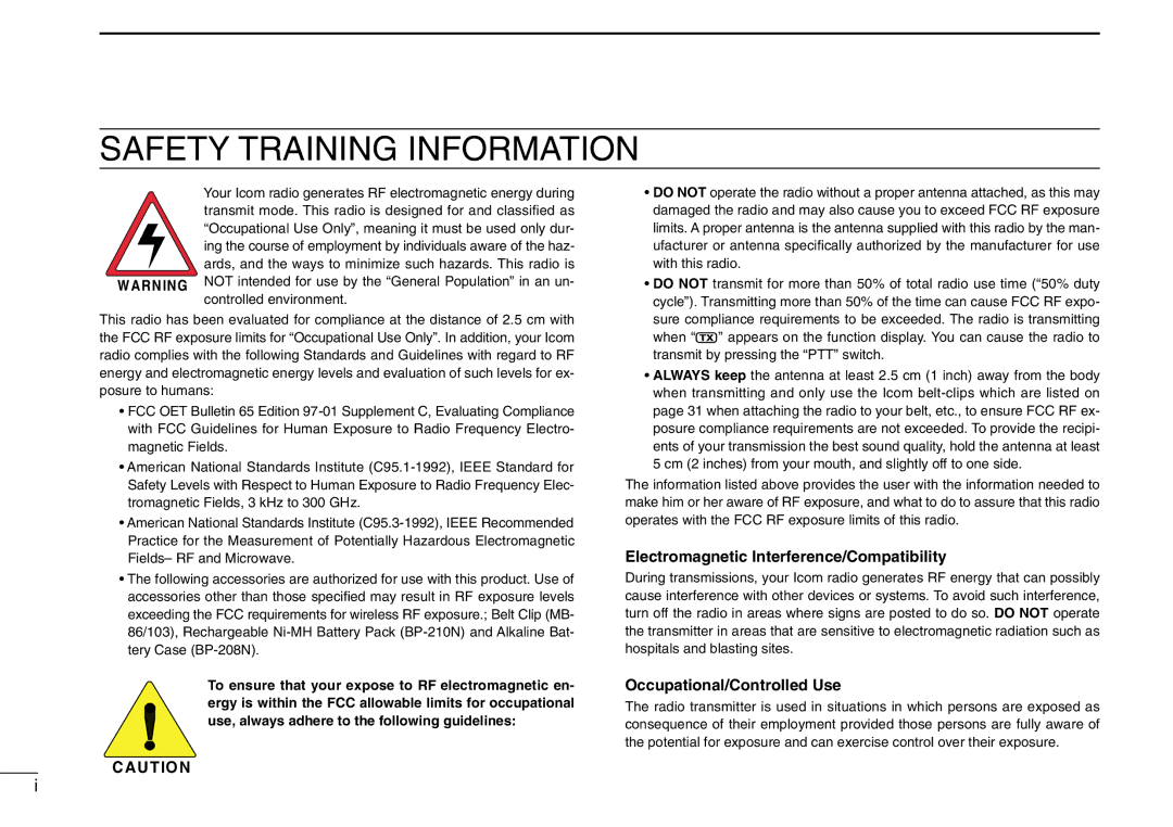 Icom IC-A6 instruction manual Safety Training Information 