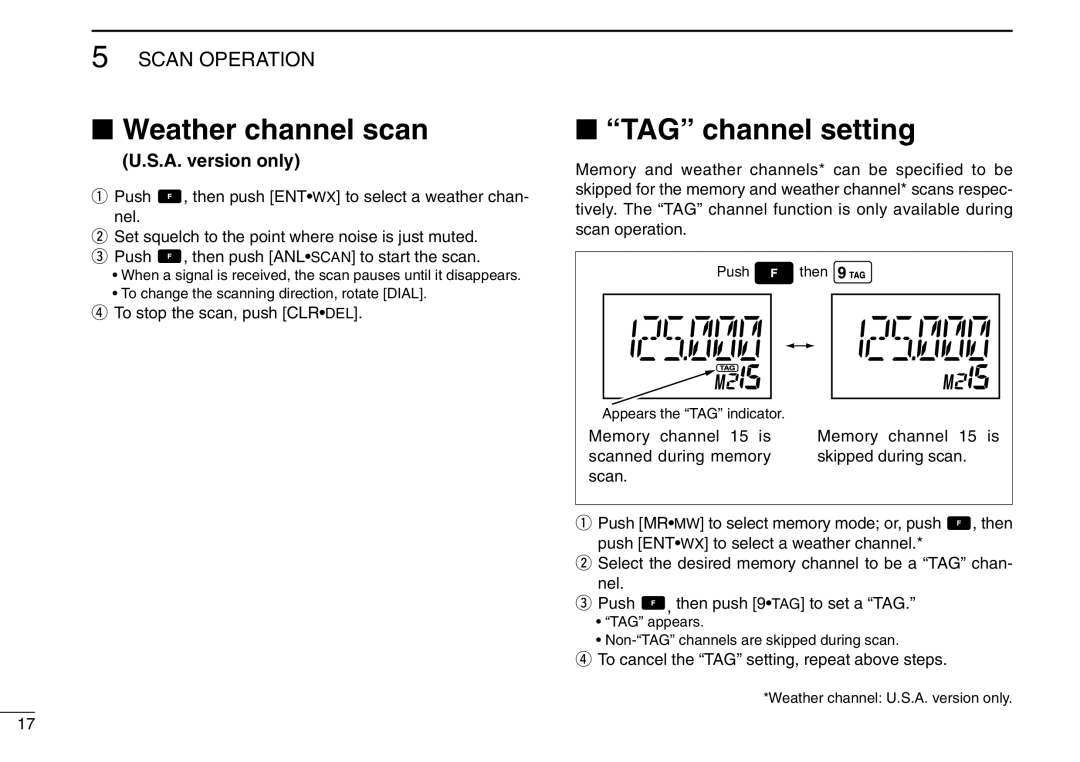 Icom IC-A6 instruction manual Weather channel scan, TAG channel setting 