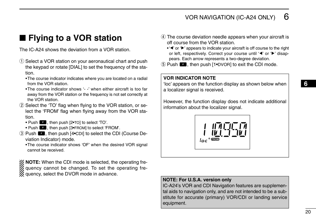 Icom IC-A6 instruction manual Flying to a VOR station, VOR Indicator Note 