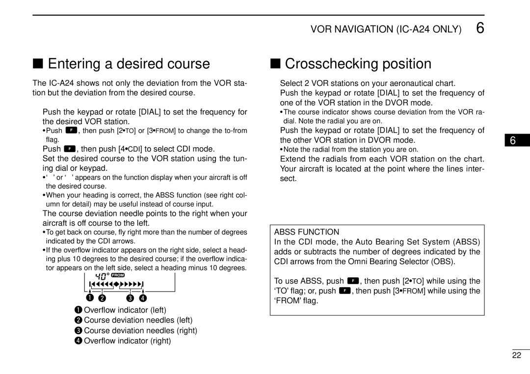 Icom IC-A6 instruction manual Entering a desired course, Crosschecking position, Abss Function 