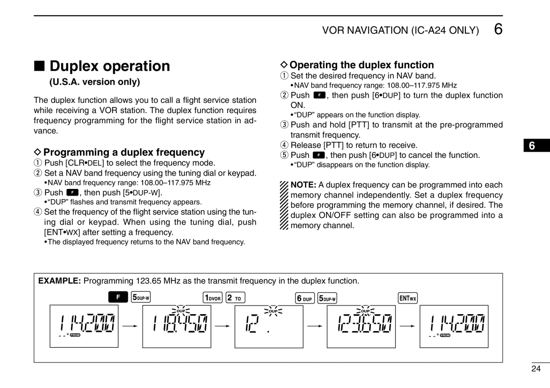 Icom IC-A6 instruction manual Duplex operation, Programming a duplex frequency, Operating the duplex function 