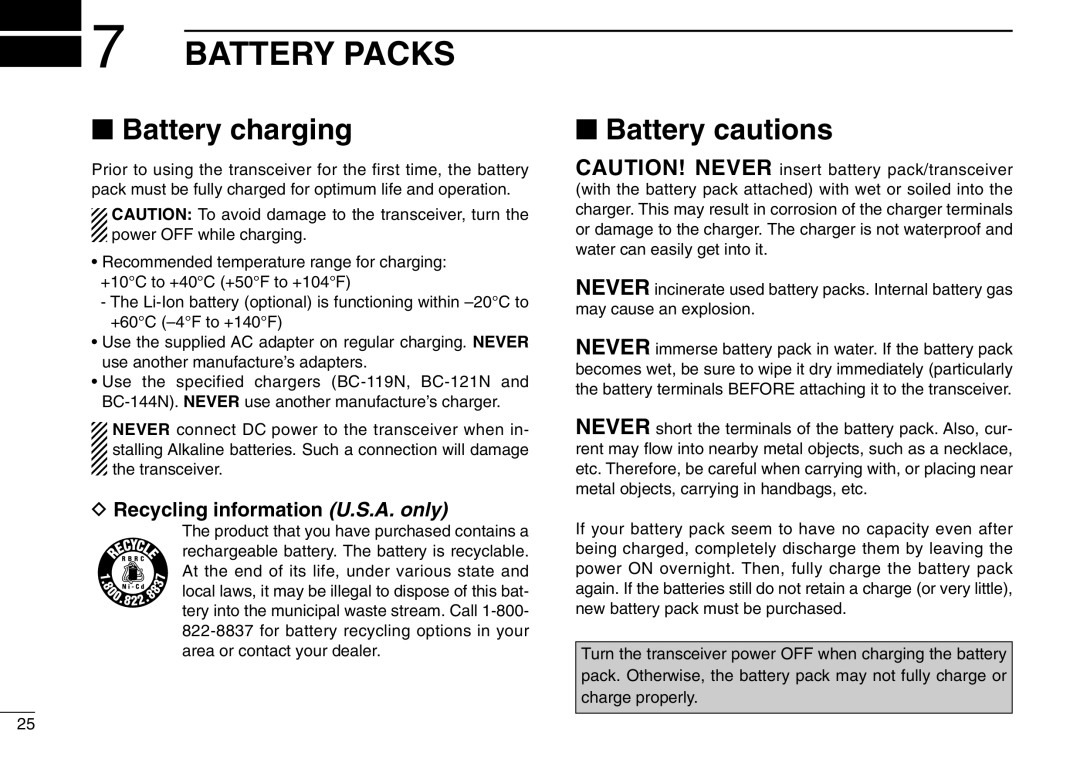 Icom IC-A6 instruction manual Battery Packs, Battery charging, Battery cautions, Recycling information U.S.A. only 