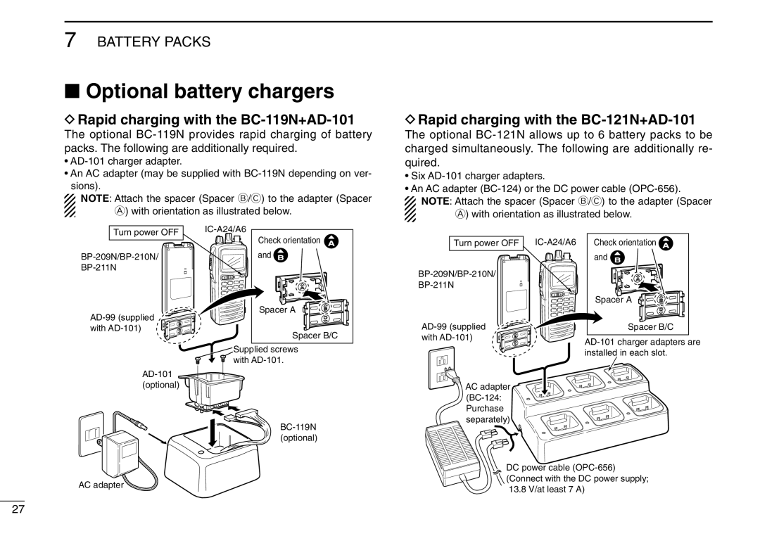 Icom IC-A6 Optional battery chargers, Rapid charging with the BC-119N+AD-101, Rapid charging with the BC-121N+AD-101 