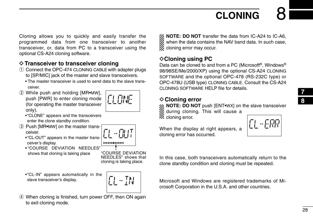 Icom IC-A6 instruction manual Transceiver to transceiver cloning, DCloning using PC, DCloning error 