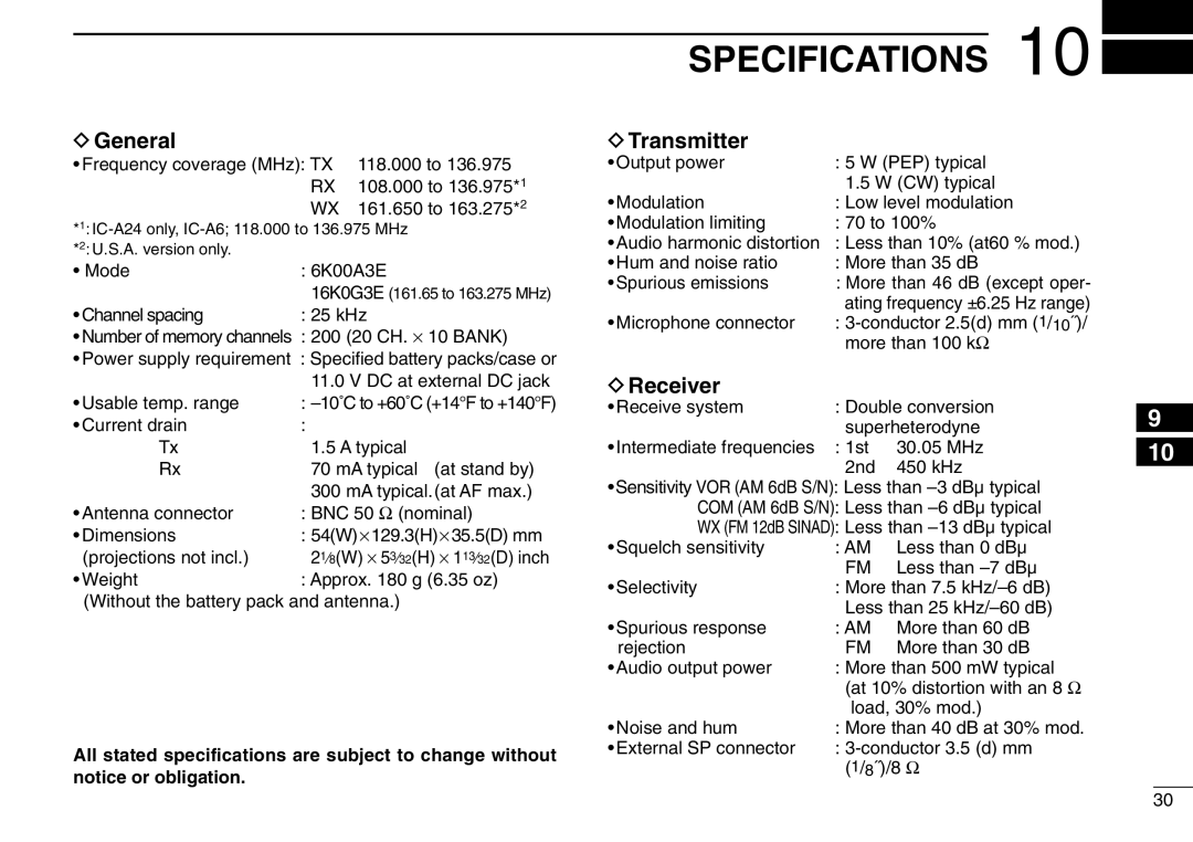 Icom IC-A6 instruction manual Specifications, DGeneral, DTransmitter, DReceiver 