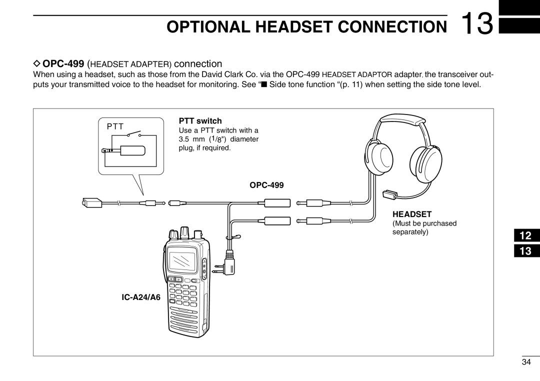 Icom IC-A6 instruction manual Headset, OPC-499HEADSET Adapter connection 