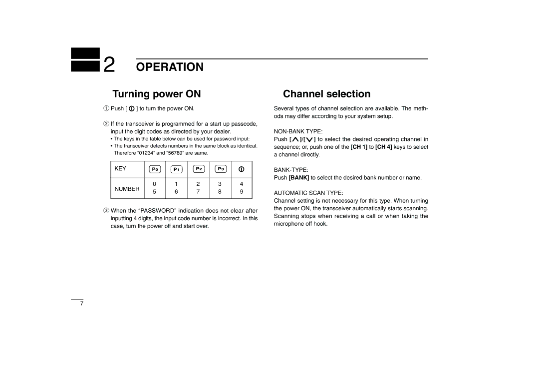 Icom IC-F110 instruction manual Operation, Turning power on, Channel selection 