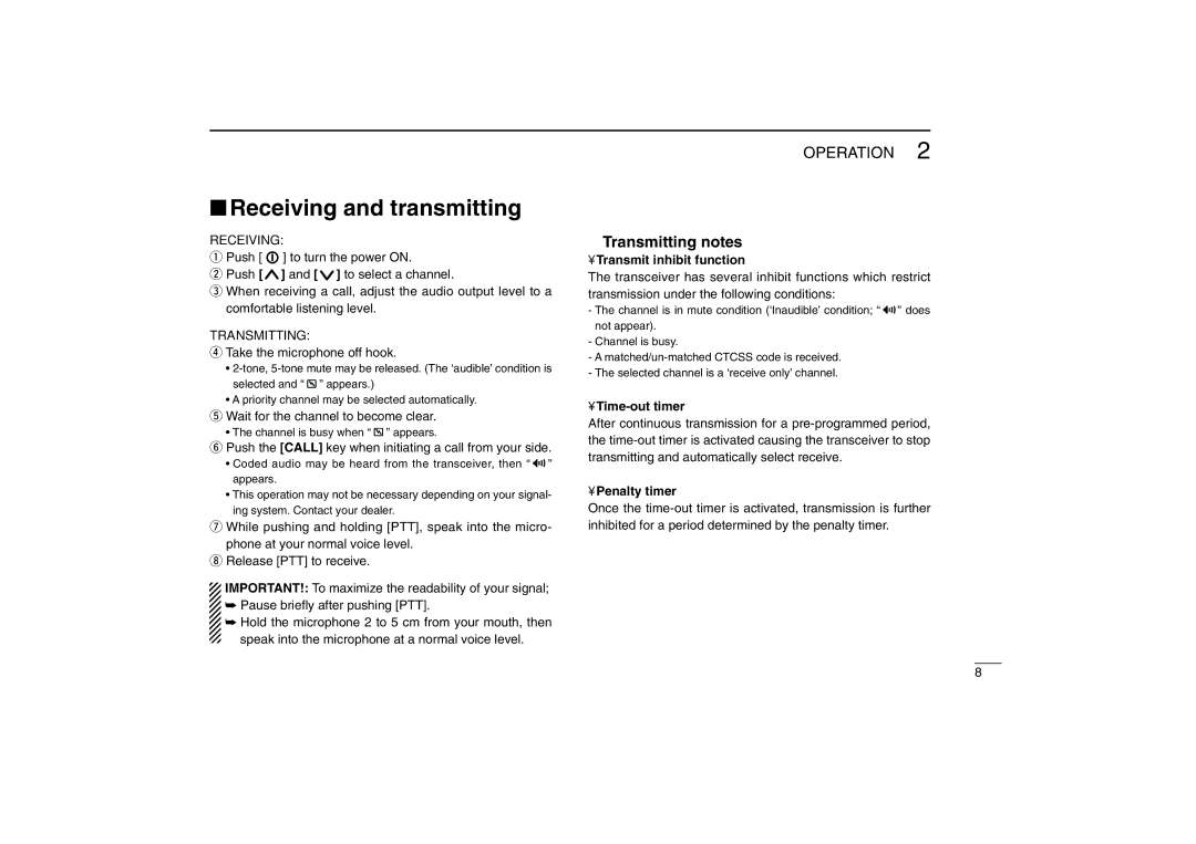 Icom IC-F110 instruction manual Receiving and transmitting, Transmitting notes 