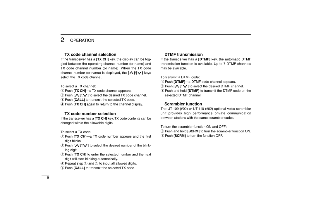 Icom IC-F110 instruction manual TX code channel selection, TX code number selection, Dtmf transmission, Scrambler function 