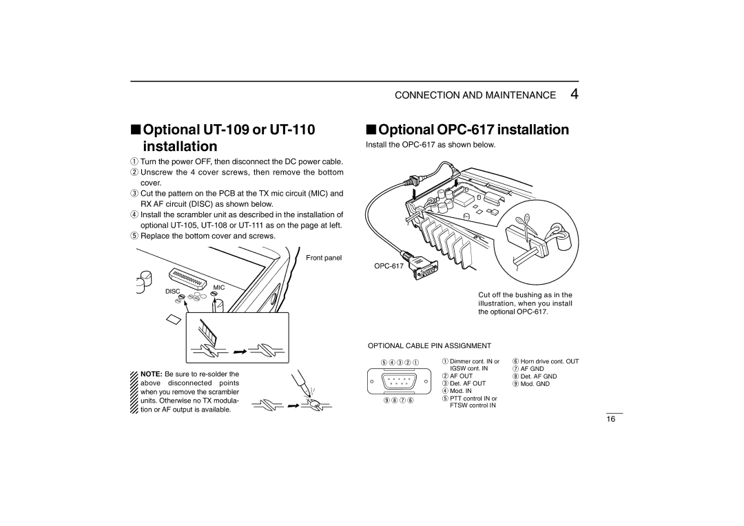 Icom IC-F110 Optional UT-109 or UT-110 Installation, Optional OPC-617 installation, Replace the bottom cover and screws 