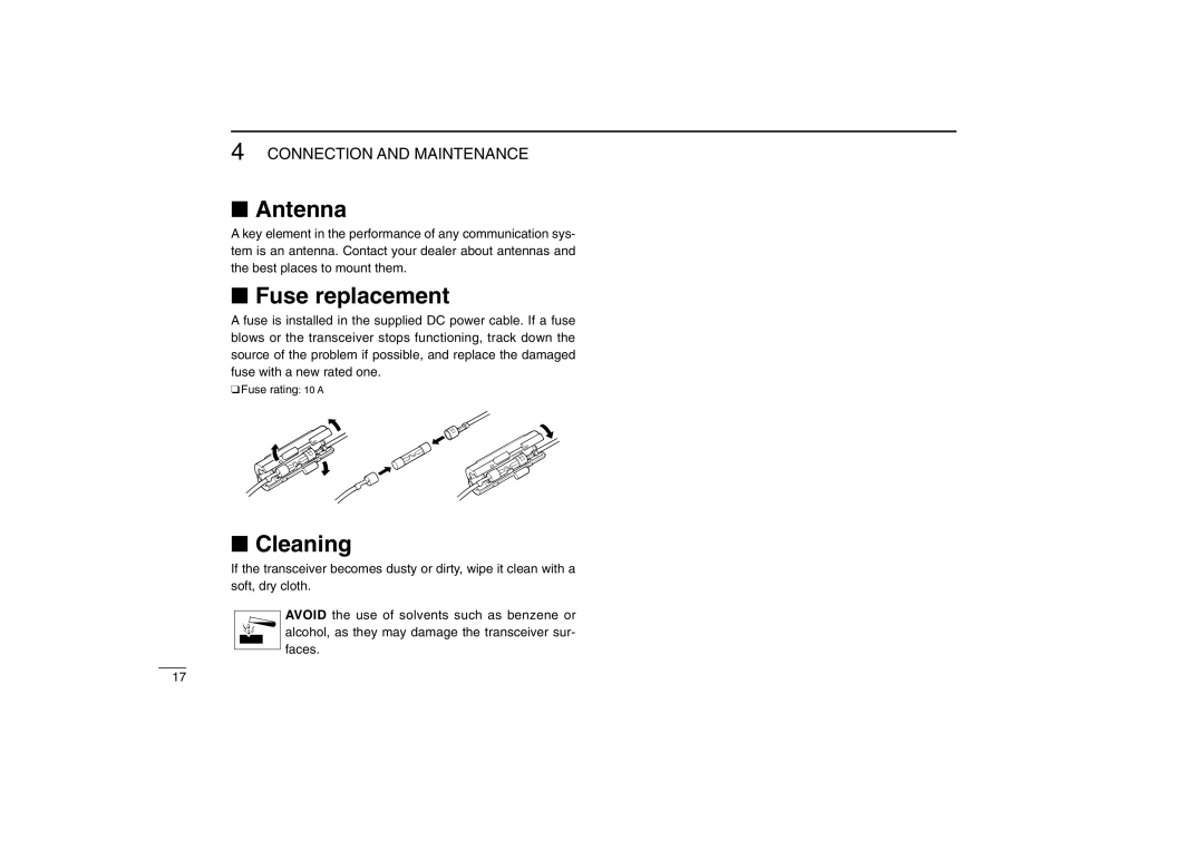 Icom IC-F110 instruction manual Antenna, Fuse replacement, Cleaning 