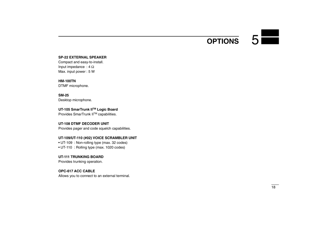 Icom IC-F110 instruction manual Options, HM-100TN, SM-25, UT-105 SmarTrunk Iitm Logic Board 