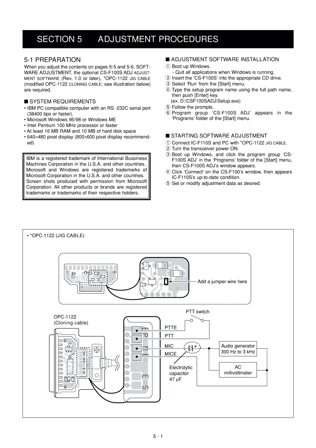 Icom IC F110S, IC F111S Preparation, System Requirements, Adjustment Software Installation, Starting Software Adjustment 