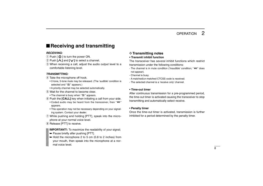 Icom IC-F110, IC-F210 instruction manual Receiving and transmitting, Transmitting notes 