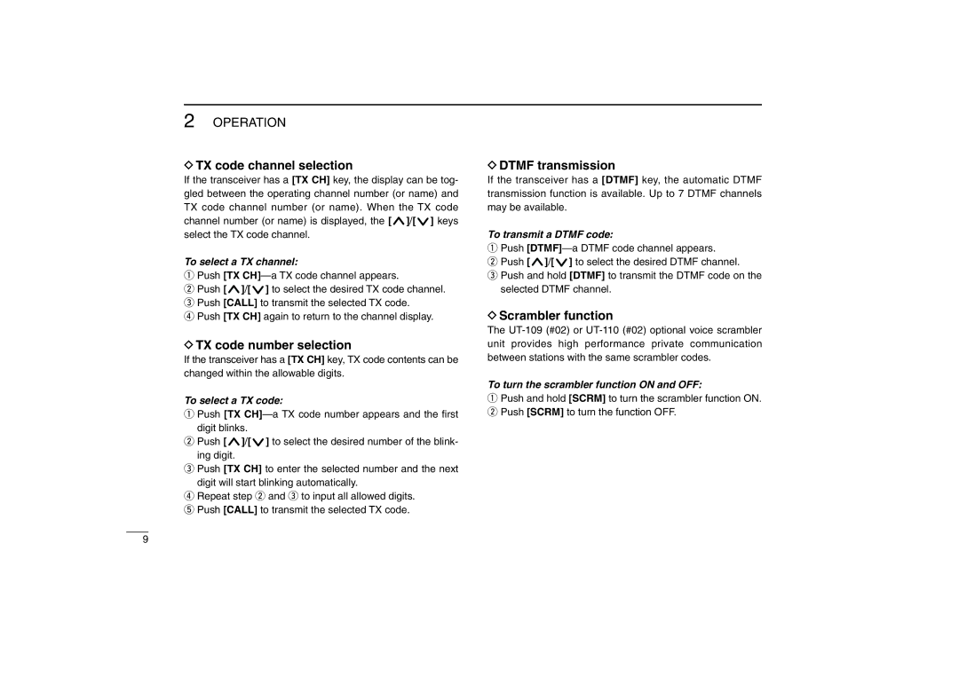 Icom IC-F210, IC-F110 TX code channel selection, TX code number selection, Dtmf transmission, Scrambler function 