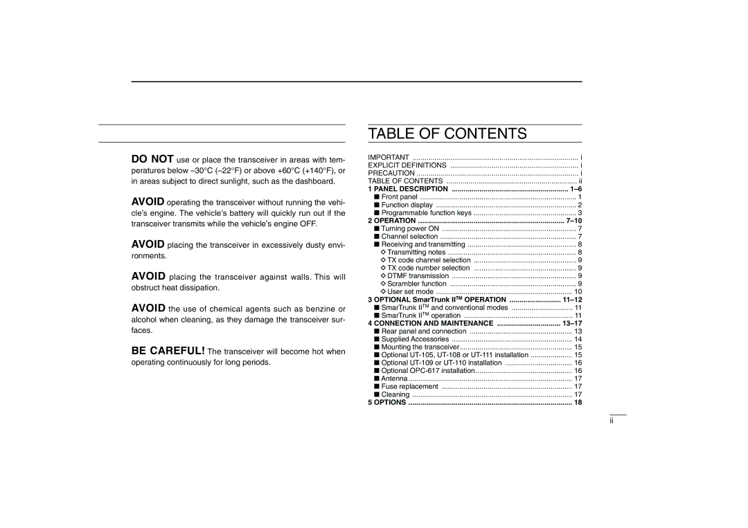 Icom IC-F110, IC-F210 instruction manual Table of Contents 