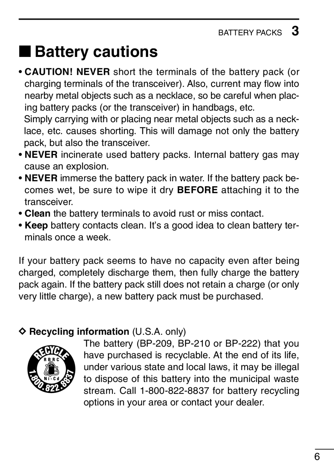 Icom IC-F21GM instruction manual ‘ Battery cautions, Recycling information U.S.A. only 