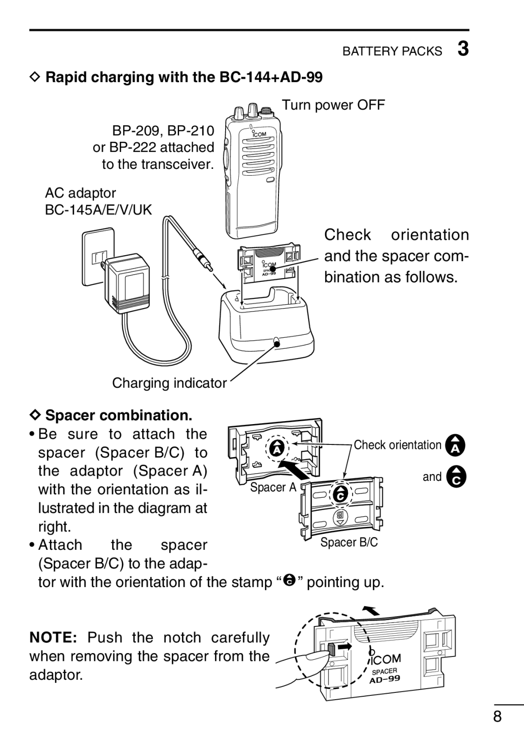 Icom IC-F21GM instruction manual Check orientation and the spacer com- bination as follows, Spacer combination 