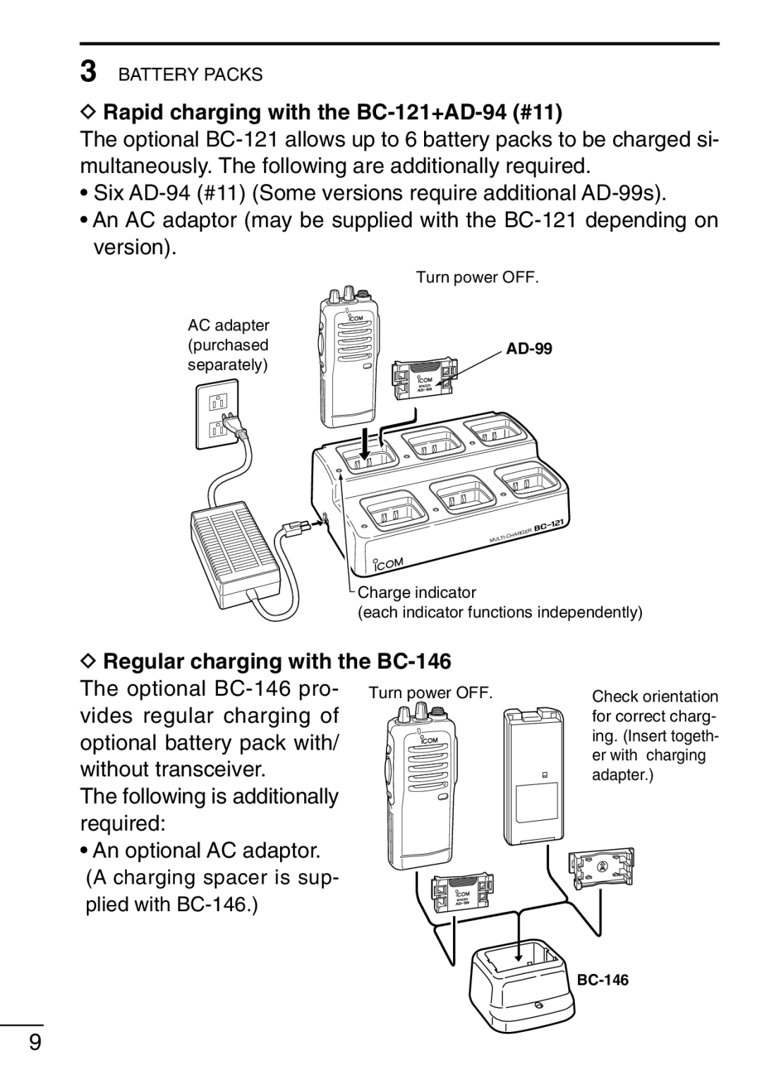 Icom IC-F21GM instruction manual Rapid charging with the BC-121+AD-94 #11, Regular charging with the BC-146 