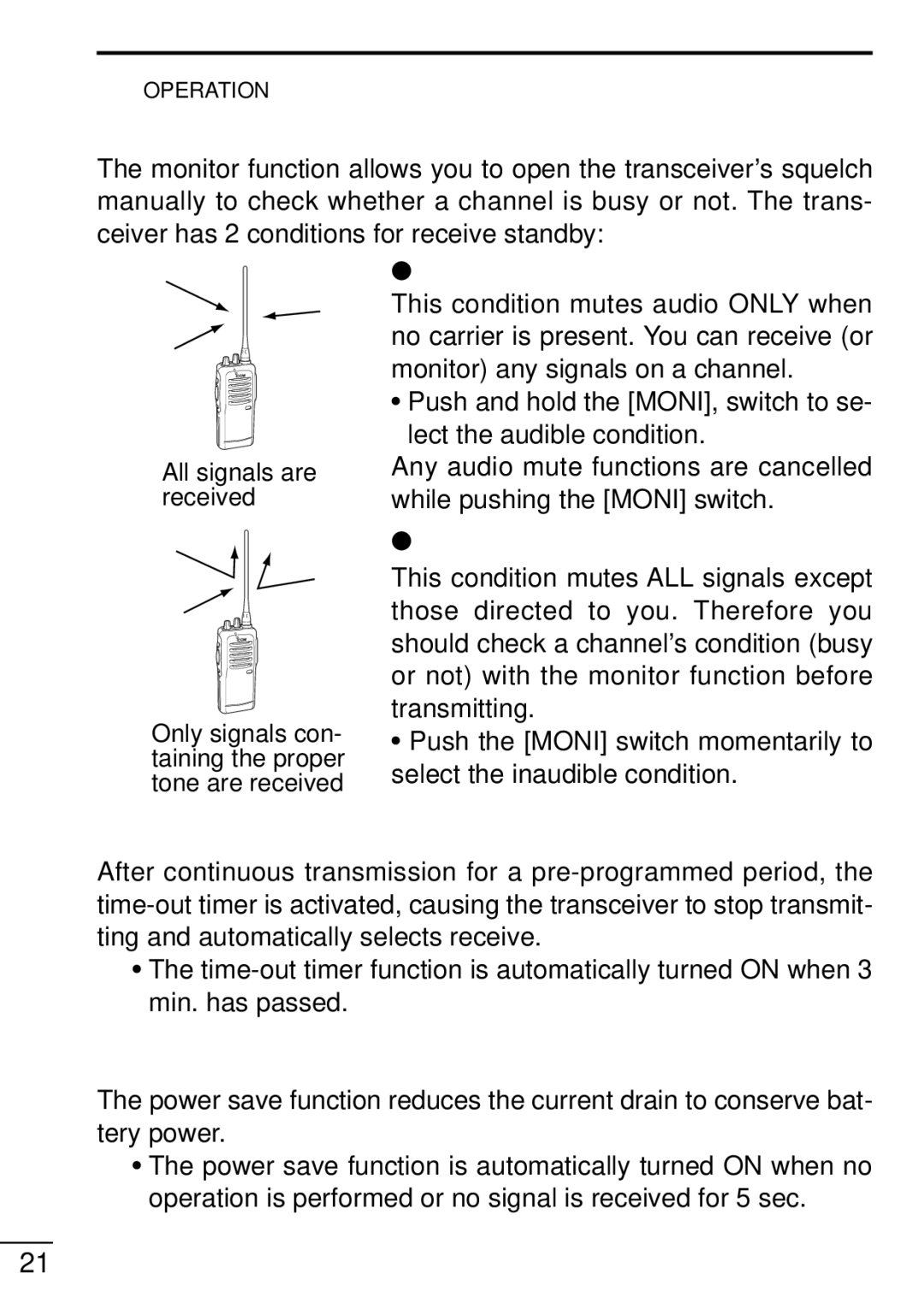 Icom IC-F21GM Monitor Audible Function, TIME-OUT Timer, Audible condition, Inaudible condition, Power Save Function 