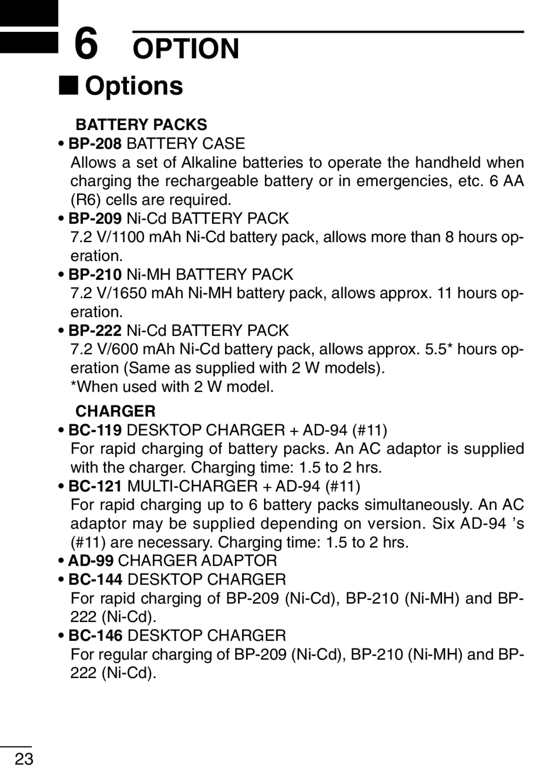 Icom IC-F21GM instruction manual ‘ Options, Charger 