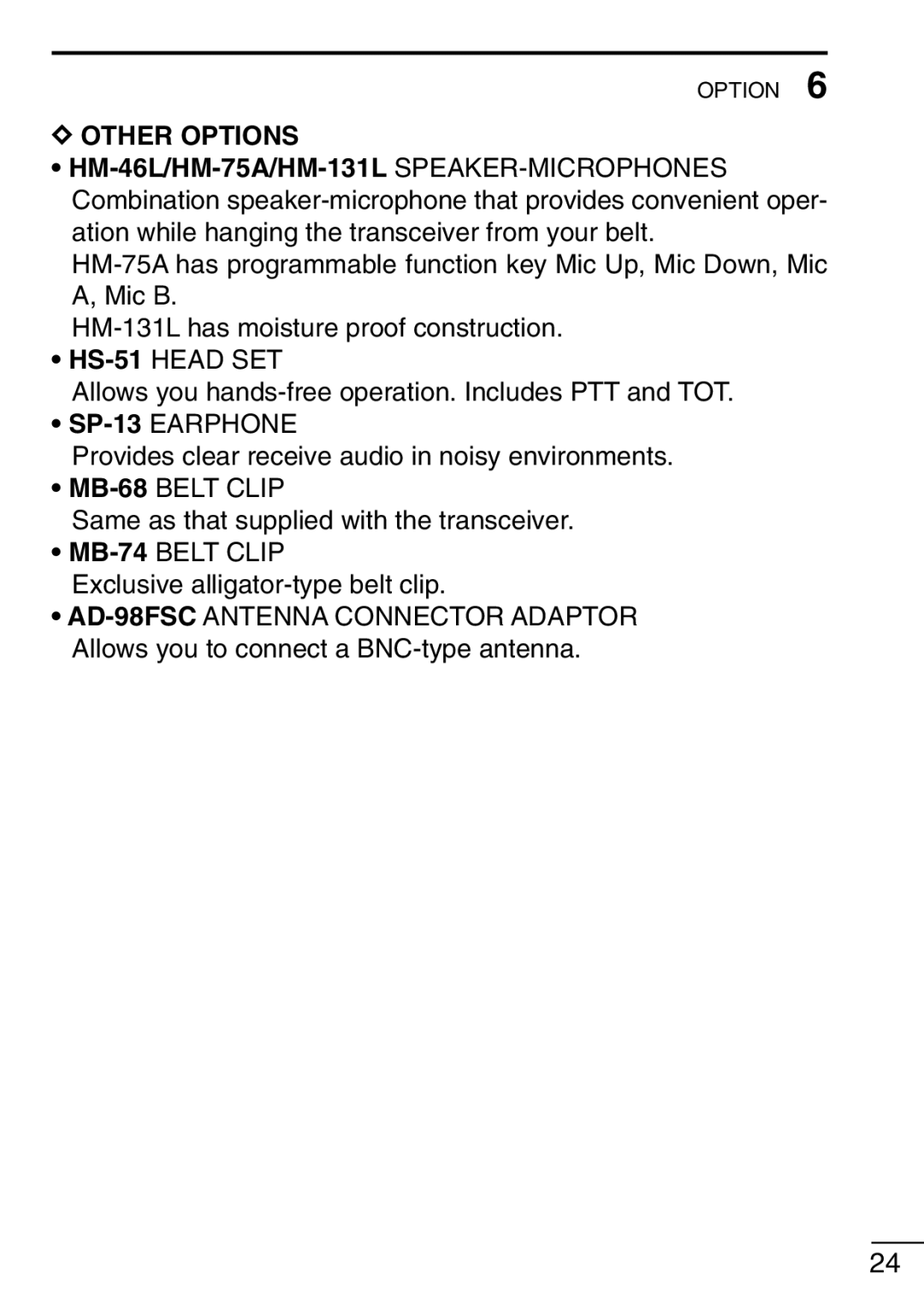 Icom IC-F21GM instruction manual Other Options, MB-74BELT Clip 