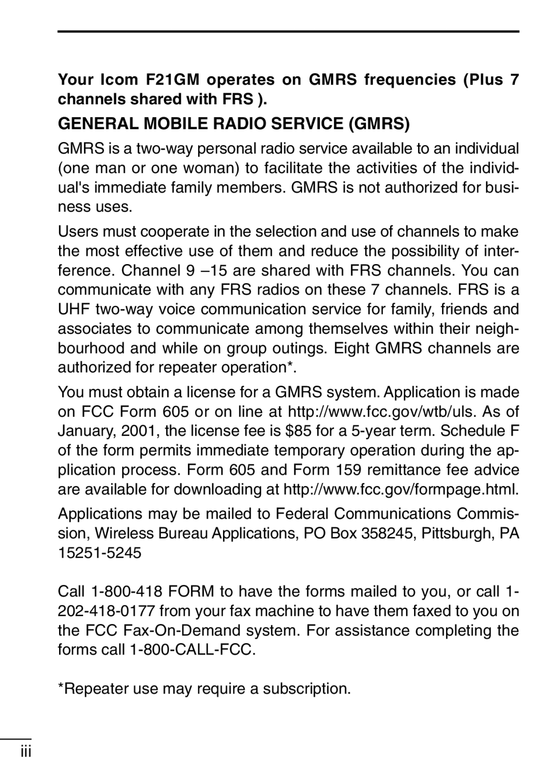 Icom IC-F21GM instruction manual General Mobile Radio Service Gmrs 