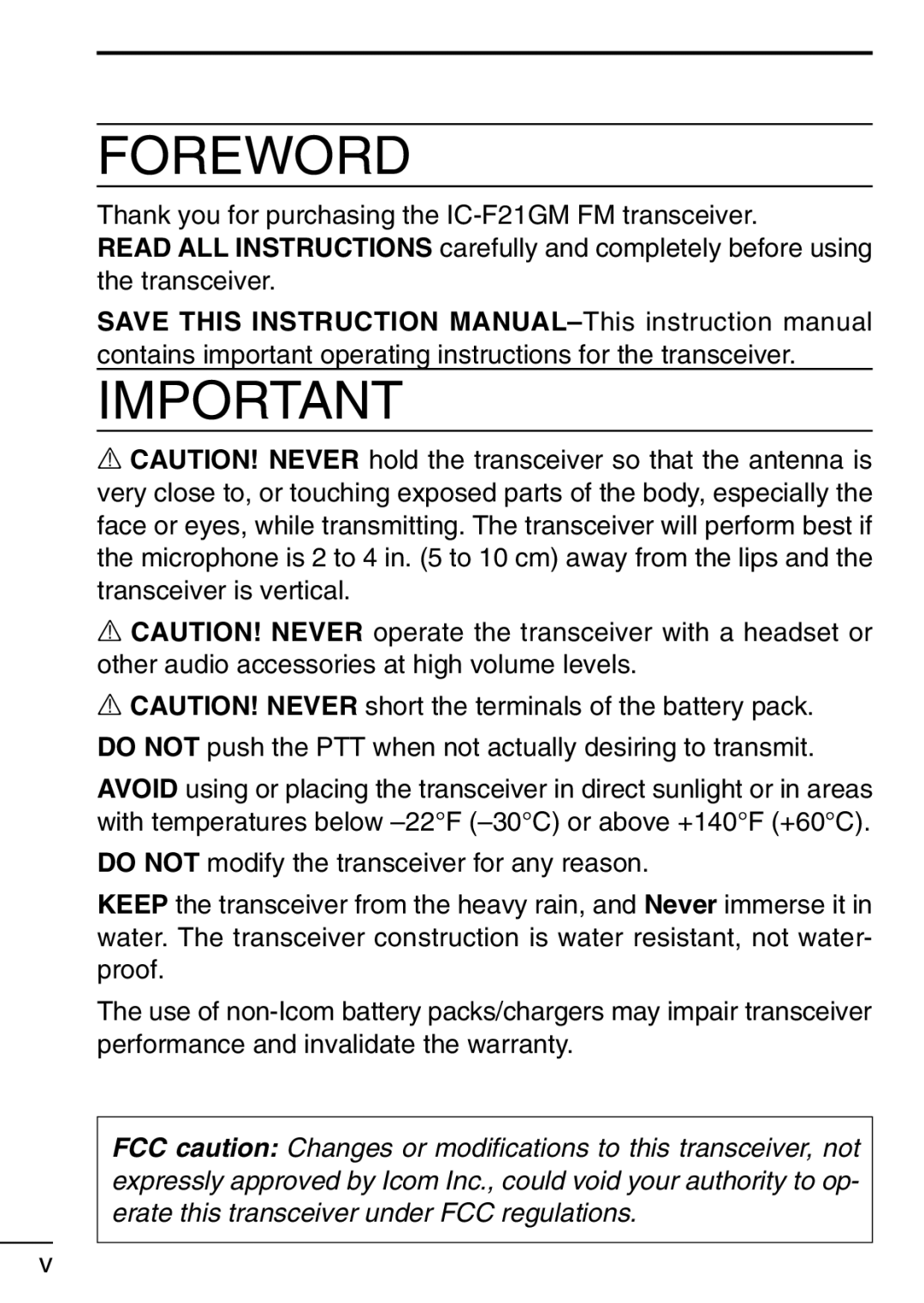 Icom IC-F21GM instruction manual Foreword 