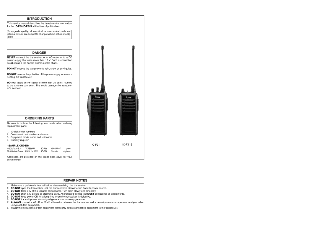 Icom IC-F21S service manual Introduction, Ordering Parts, Repair Notes 