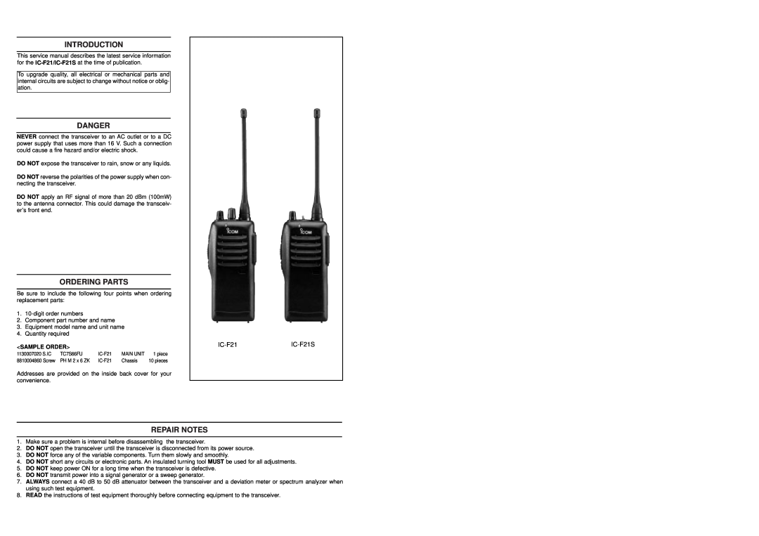 Icom service manual Introduction, Danger, Ordering Parts, Repair Notes, IC-F21IC-F21S, Sample Order 