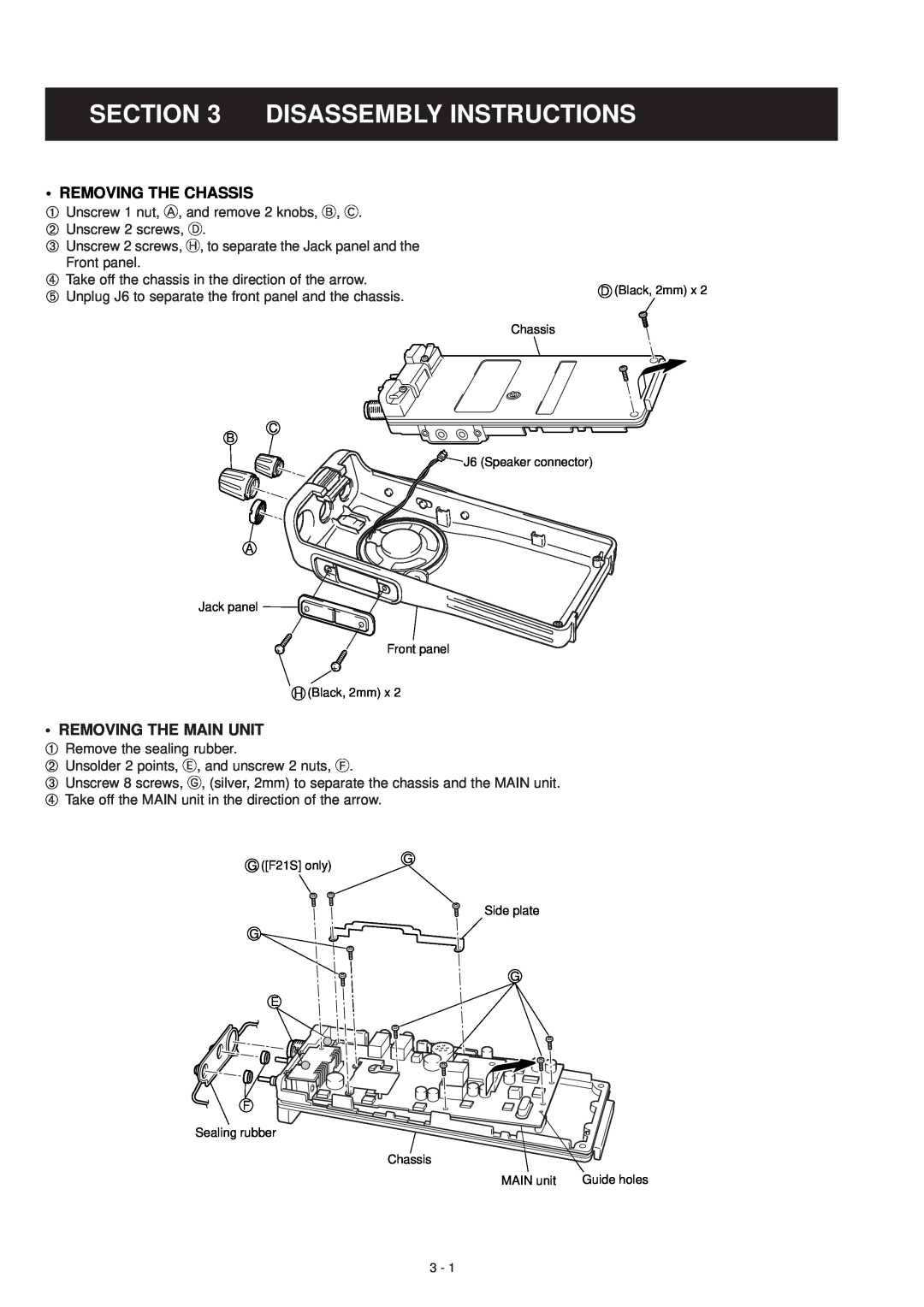 Icom IC-F21S service manual Disassembly Instructions, Removing The Chassis, Removing The Main Unit 