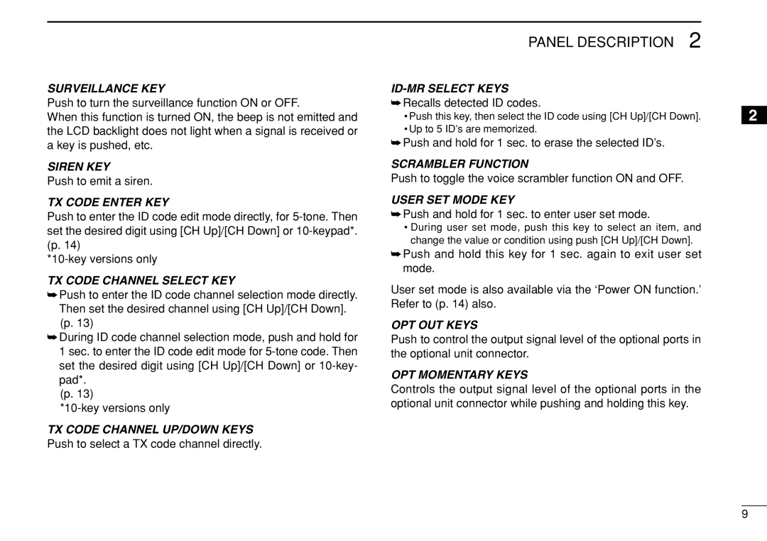 Icom IC-F3022T/S Surveillance KEY, Siren KEY, TX Code Enter KEY, TX Code Channel Select KEY, TX Code Channel UP/DOWN Keys 