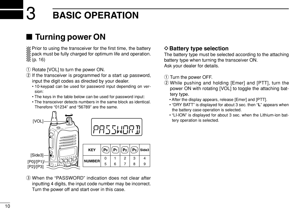 Icom IC-F3022T/S instruction manual Basic Operation, Turning power on, Battery type selection 