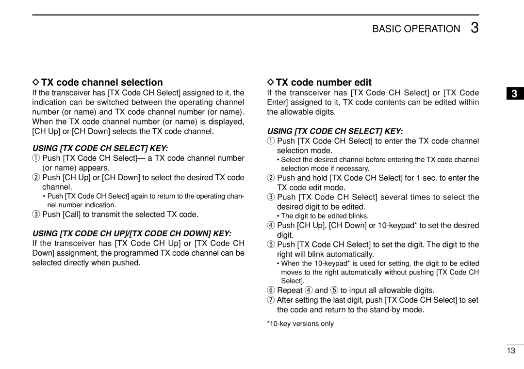 Icom IC-F3022T/S instruction manual TX code channel selection, DTX code number edit, Using TX Code CH Select KEY 