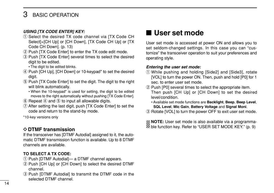 Icom IC-F3022T/S instruction manual User set mode, Dtmf transmission, Using TX Code Enter KEY, To Select a TX Code 