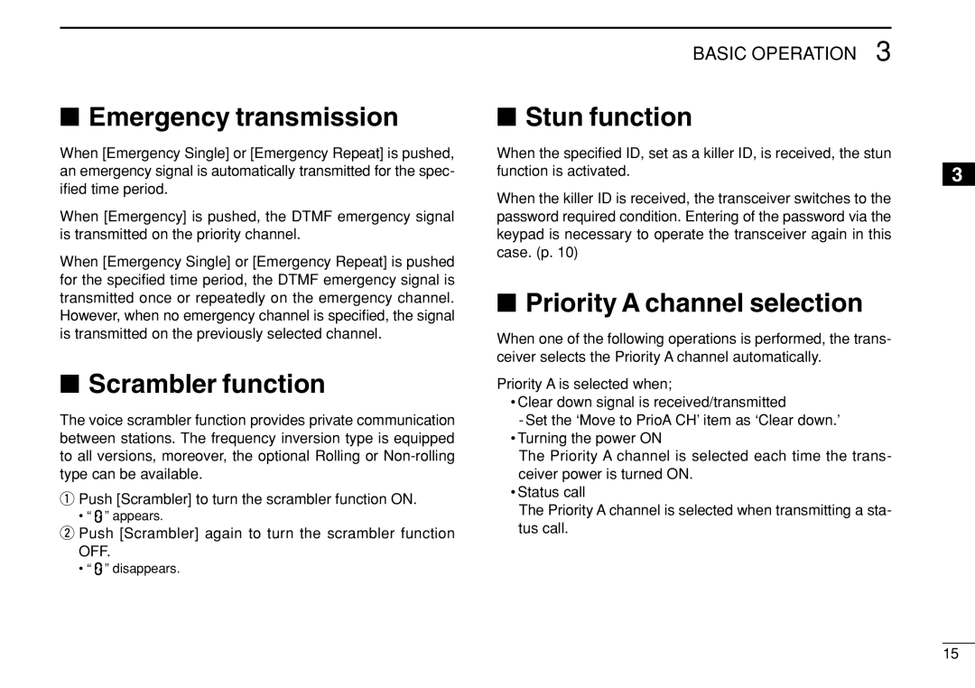 Icom IC-F3022T/S instruction manual Emergency transmission, Scrambler function, Stun function, Priority a channel selection 