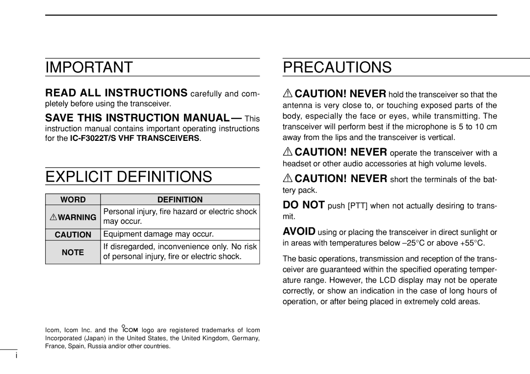 Icom IC-F3022T/S instruction manual Pletely before using the transceiver, Word Definition Rwarning 