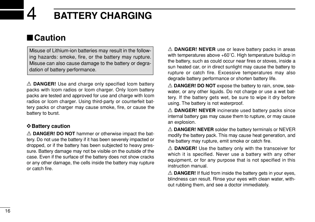 Icom IC-F3022T/S instruction manual Battery Charging 