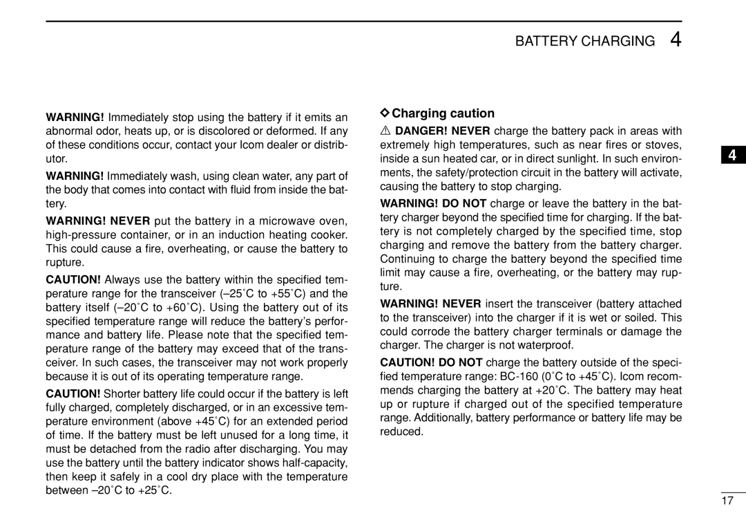 Icom IC-F3022T/S instruction manual Battery Charging 