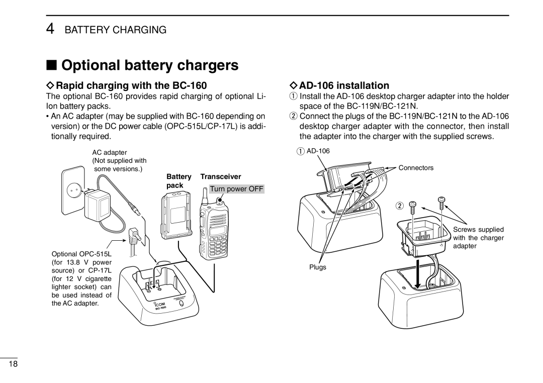 Icom IC-F3022T/S instruction manual Optional battery chargers, Rapid charging with the BC-160, AD-106 installation 