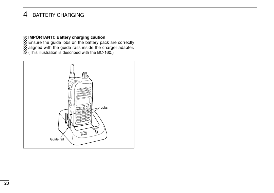 Icom IC-F3022T/S instruction manual IMPORTANT! Battery charging caution 